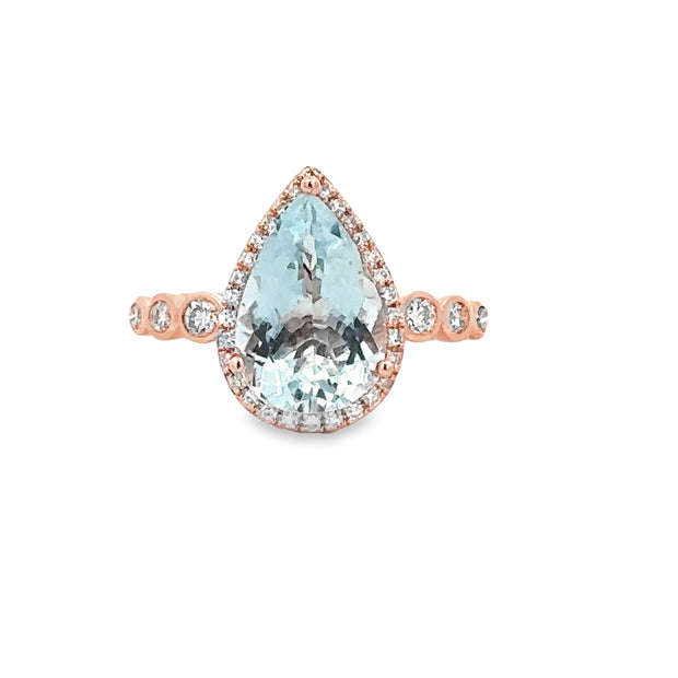 Pear Cut Aquamarine and Diamond Ring in Rose Gold