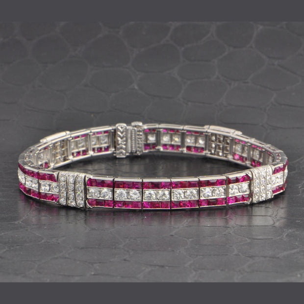 Antique Tiffany & Co. Art Deco No-Heat Burmese Ruby and Old European Cut Diamond Bracelet in Platinum