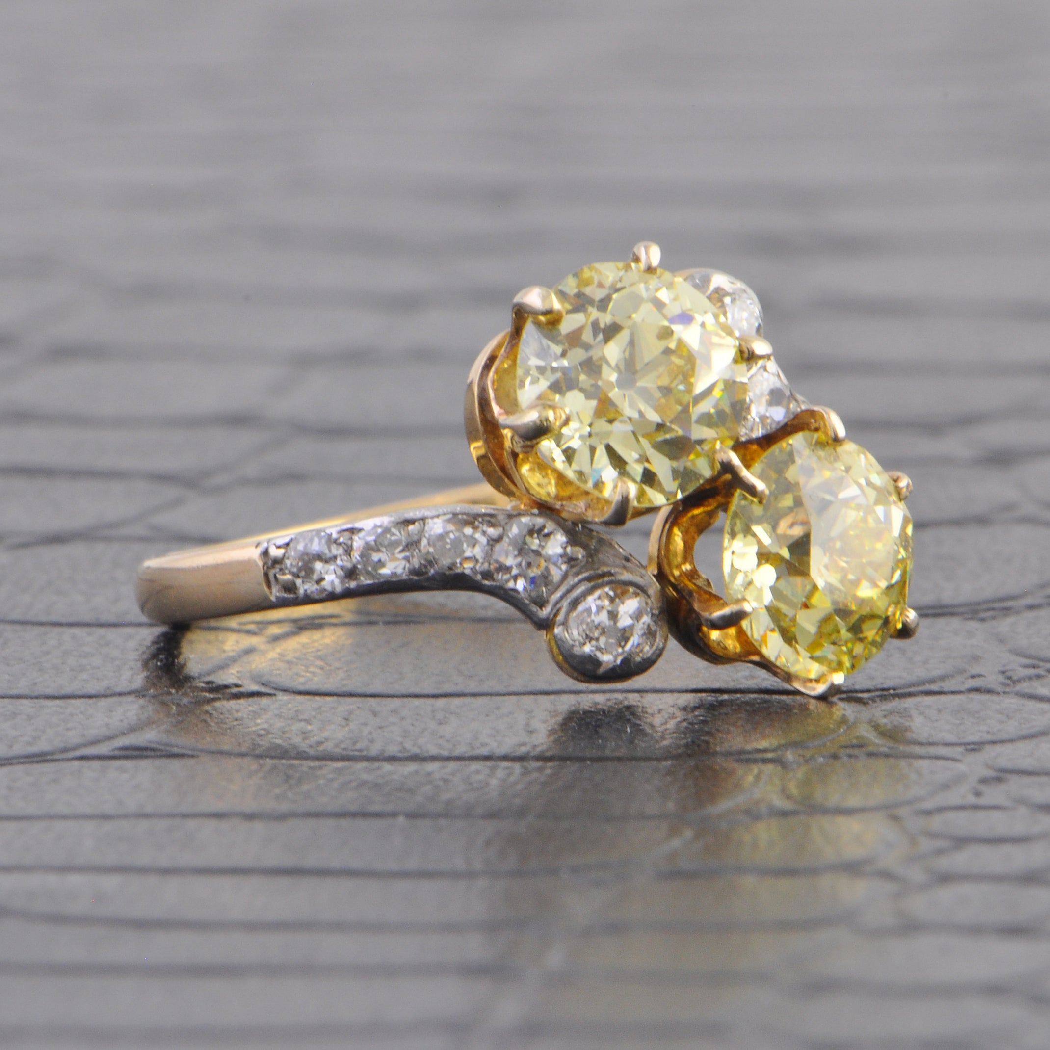 Antique Platinum-Topped 14k Yellow Gold Bypass Ring with 2.37 Carat Fancy Yellow Old European Cut Diamonds
