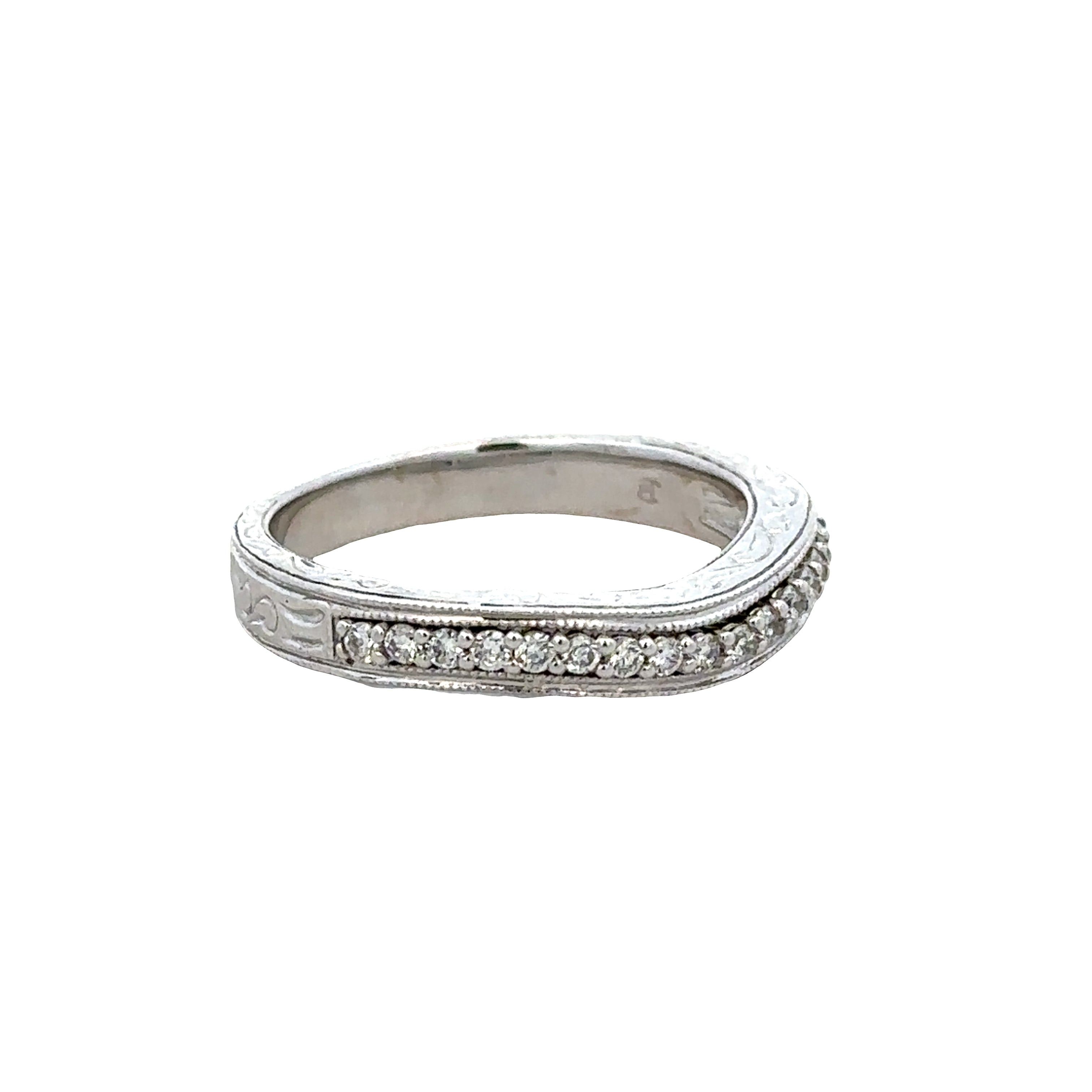 14k White Gold Diamond Contoured Wedding Band with Milgrain Detail