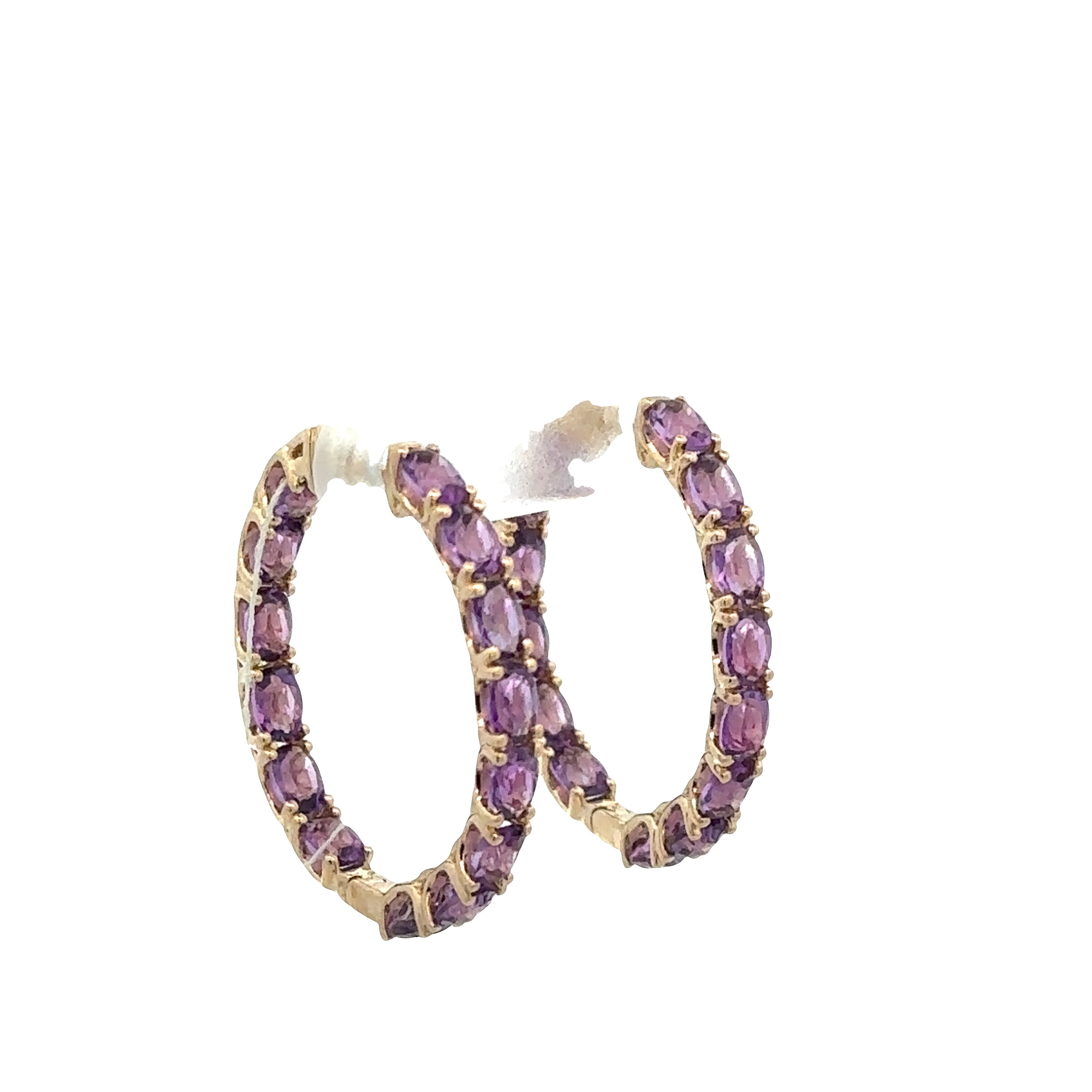 14k Yellow Gold Oval Amethyst Hoop Earrings – 1"
