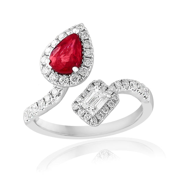 Ruby and Diamond Bypass Style Ring in 18k White Gold