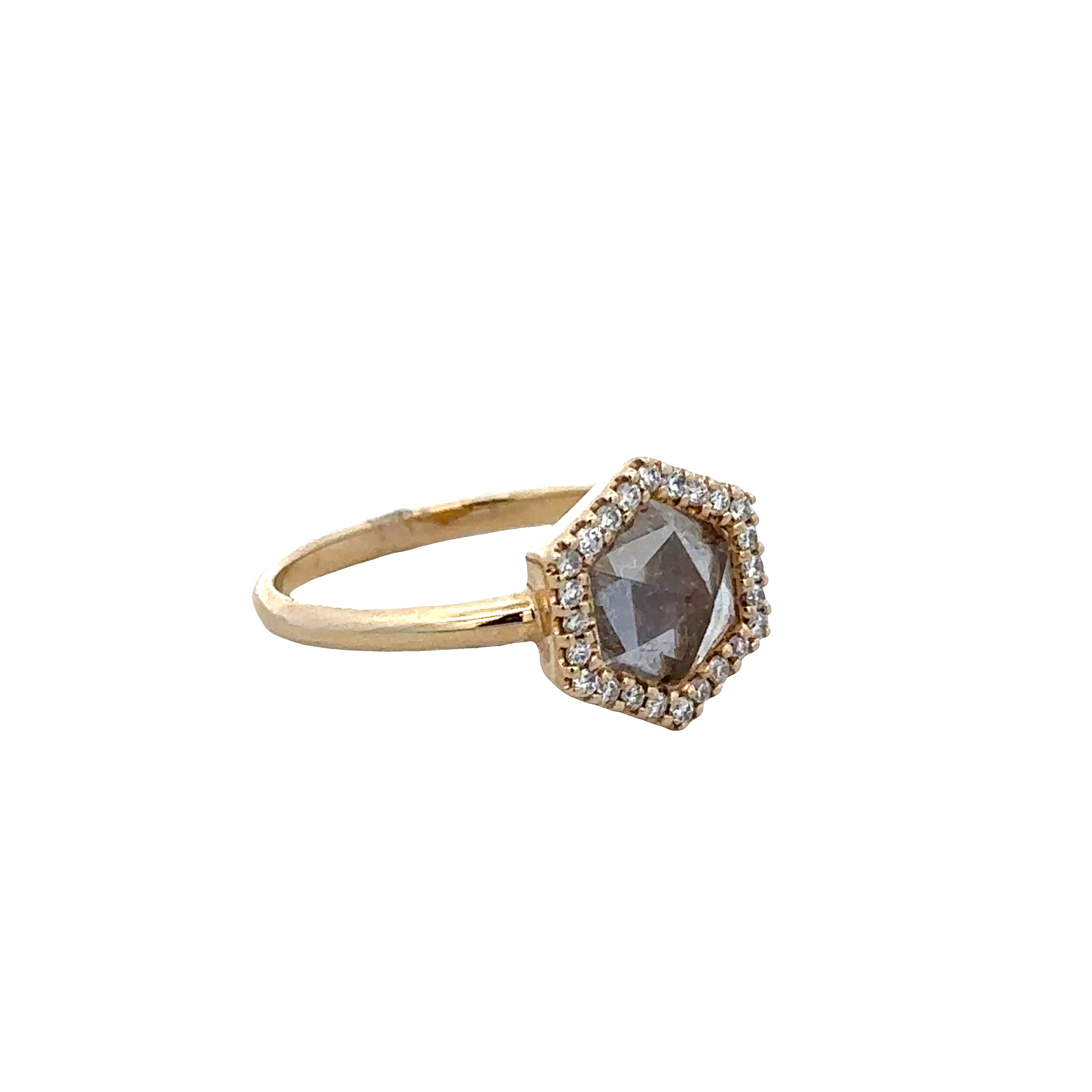 14k Yellow Gold White Quartz & Diamond Hexagonal Ring – Size 6.5
