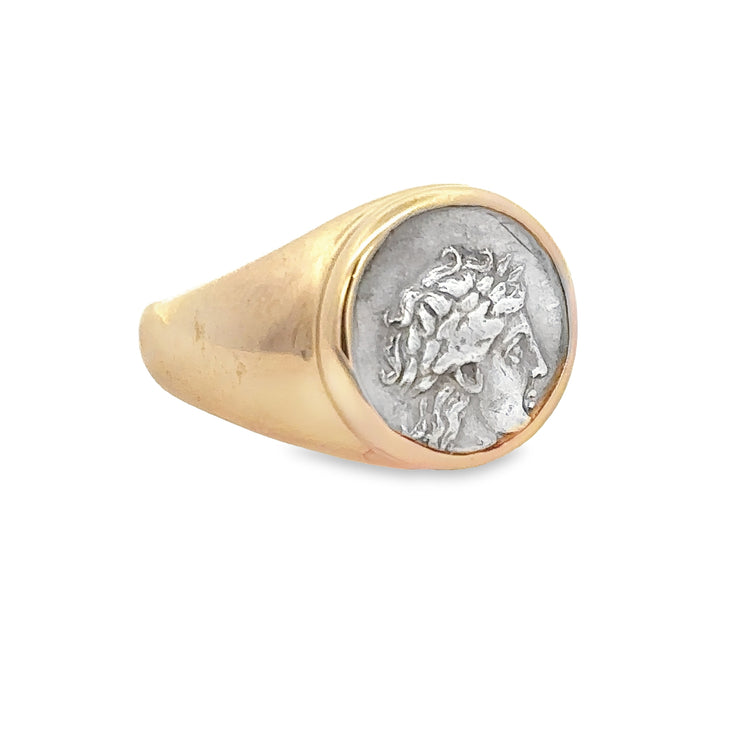 Vintage 1980s Ancient Greek Silver Coin Ring in Yellow Gold