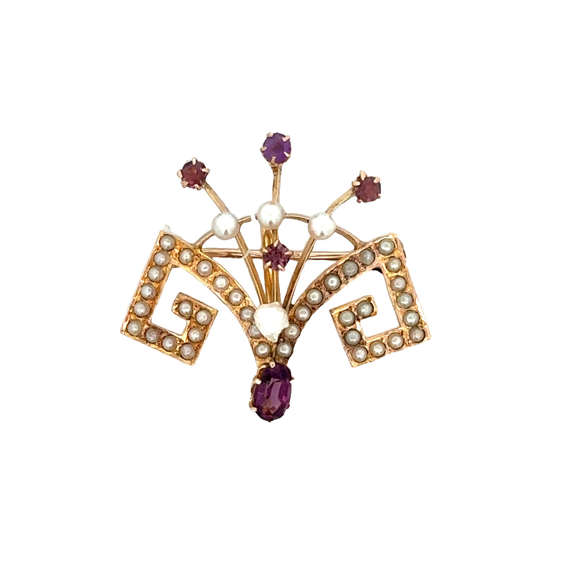 Antique Art Nouveau Amythest Glass Brooch in Yellow Gold