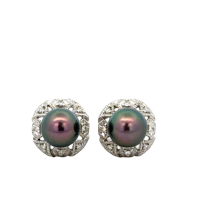 Dyed Akoya Cultured Pearl and Diamond Stud Earrings in 18k White Gold