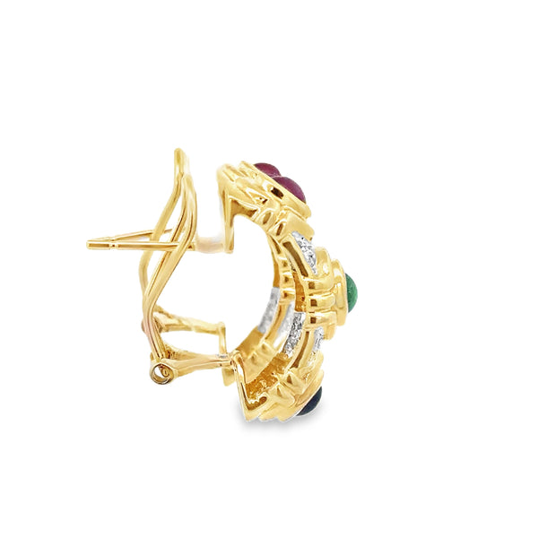 Ruby, Emerald, Sapphire, and Diamond Huggie Earrings in Yellow Gold