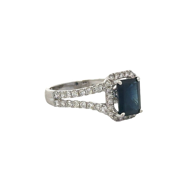 Emerald Cut Blue Sapphire and Diamond Ring in White Gold