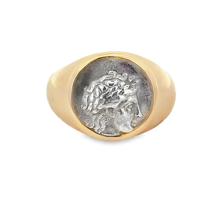 Vintage 1980s Ancient Greek Silver Coin Ring in Yellow Gold