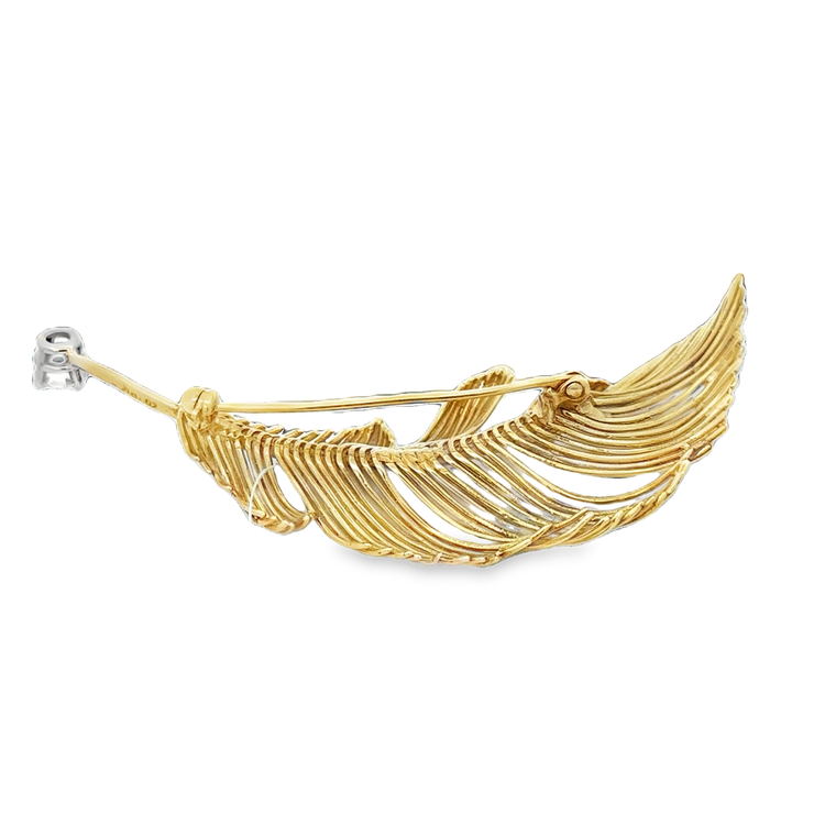 Vintage Textured Diamond Leaf Brooch in 18k Yellow Gold