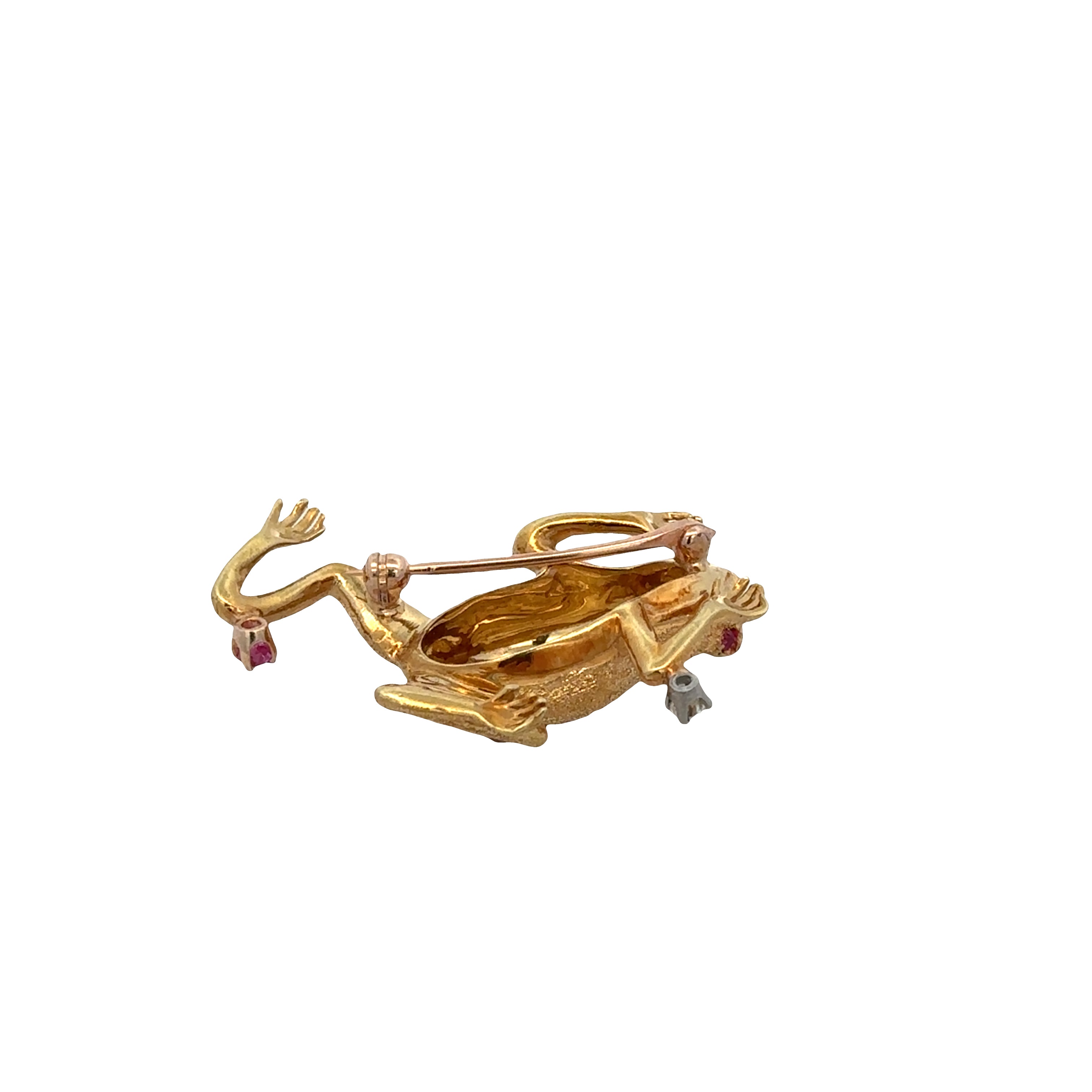 18k Yellow Gold Textured Frog Brooch with Ruby & Diamond Accents