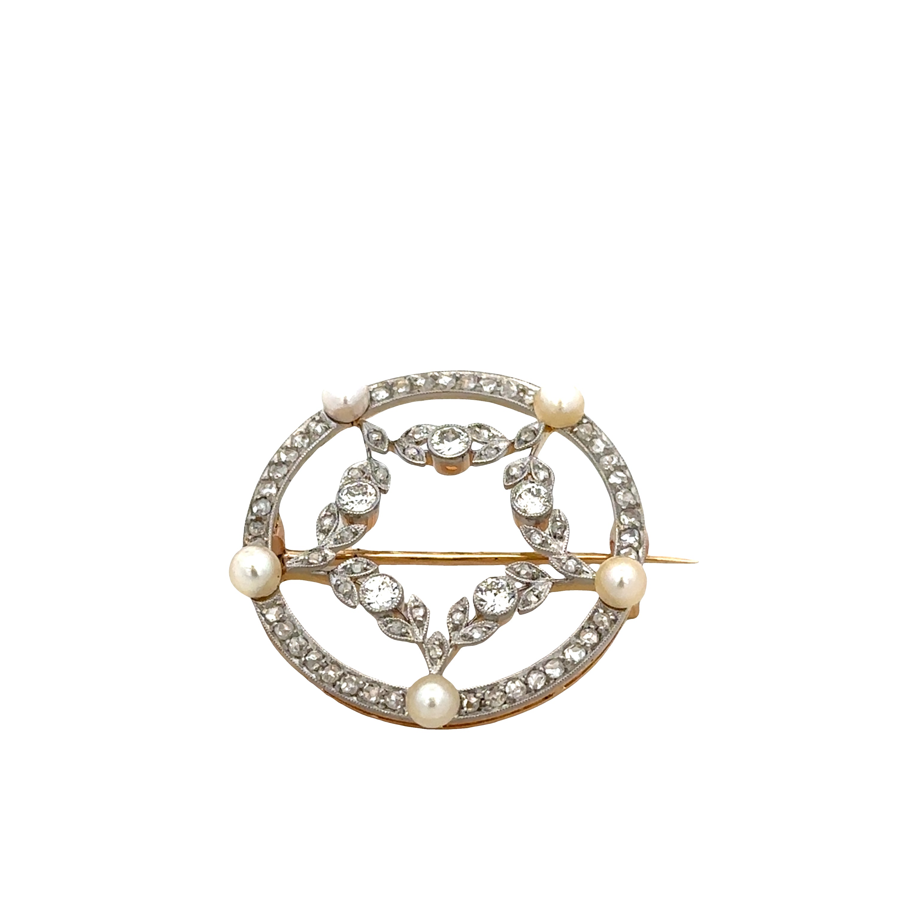 Antique Edwardian 18k Yellow Gold & Platinum Diamond and Pearl Brooch