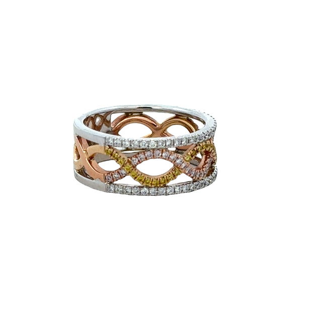 Openwork Pink, Yellow, and White Diamond Band in Tritone Gold