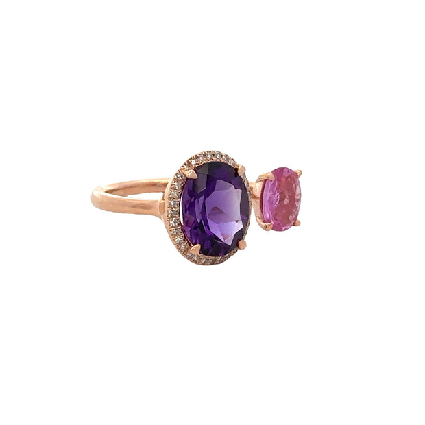 Amethyst and Sapphire Bypass Ring in Rose Gold