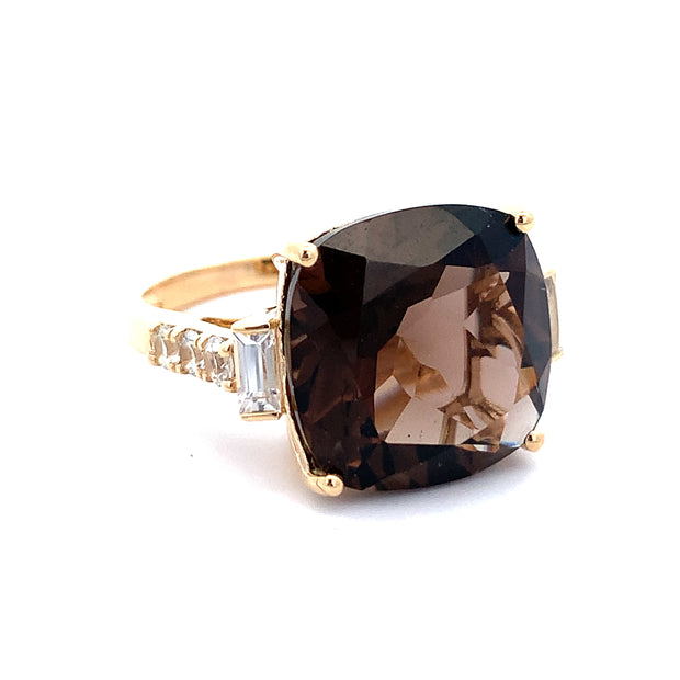 Smoky Quartz and White Sapphire Ring in Yellow Gold