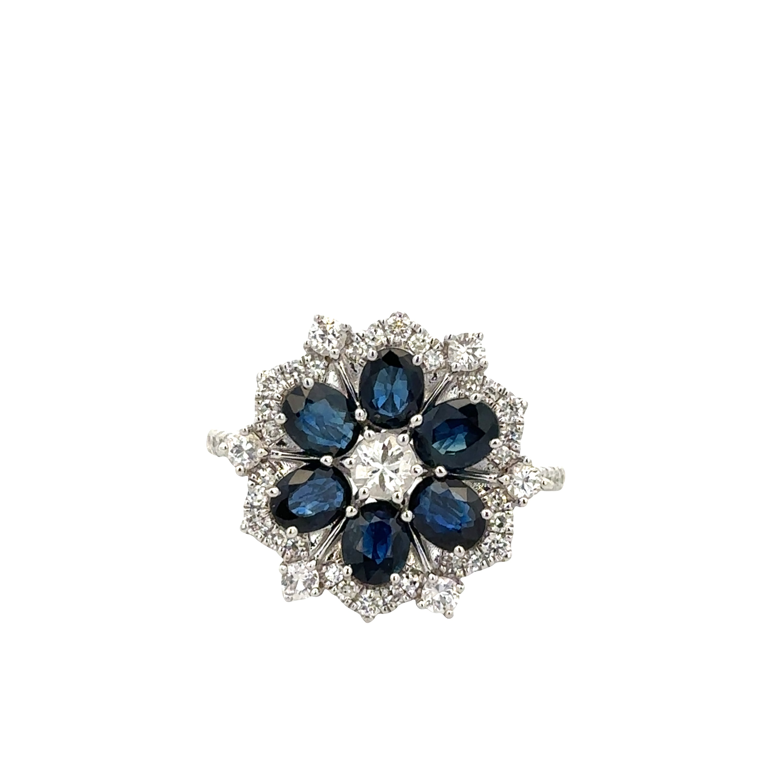 14k White Gold Blue Sapphire and Diamond Floral Ring – Size 7