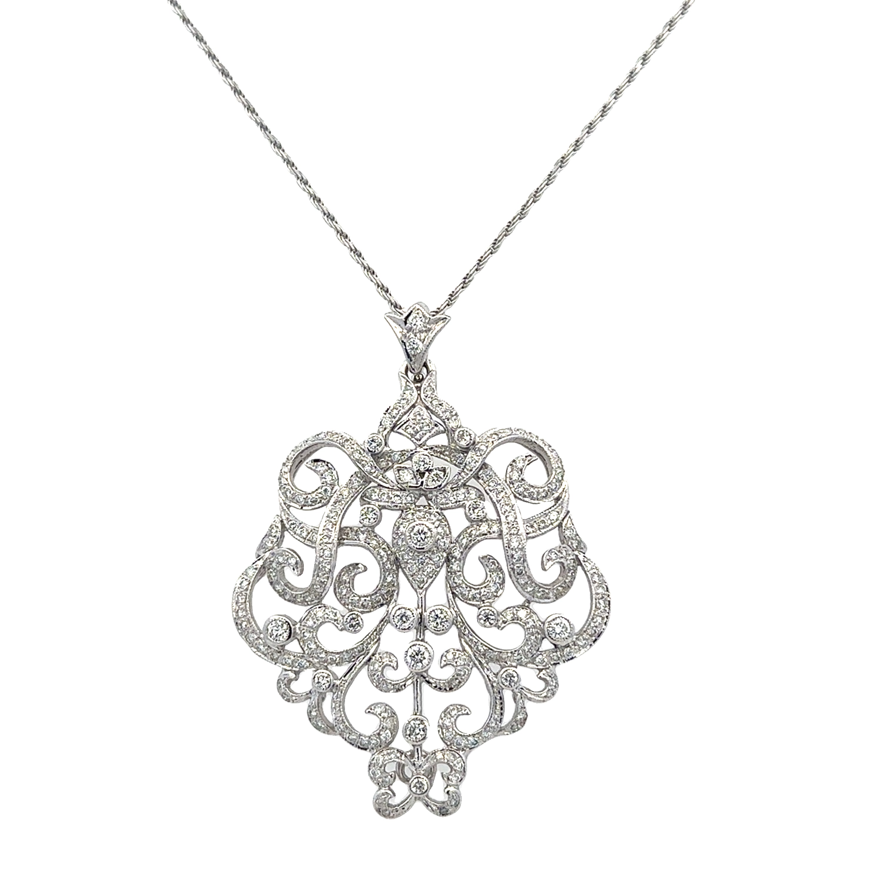 Statement Vintage Inspired Openwork Diamond Pendant in White Gold