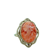 Vintage Coral Cameo Ring in 10k Yellow Gold Size 9.5