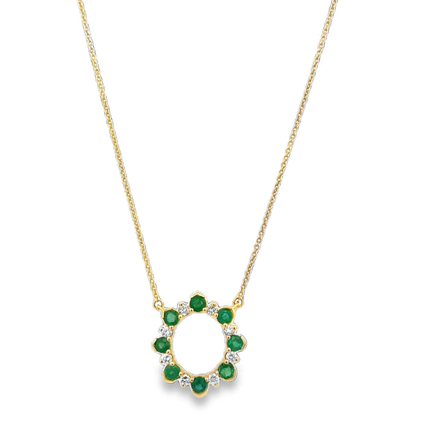 Emerald and Diamond Circle Necklace in Yellow Gold