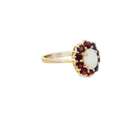 Opal and Garnet Halo Ring in Yellow Gold