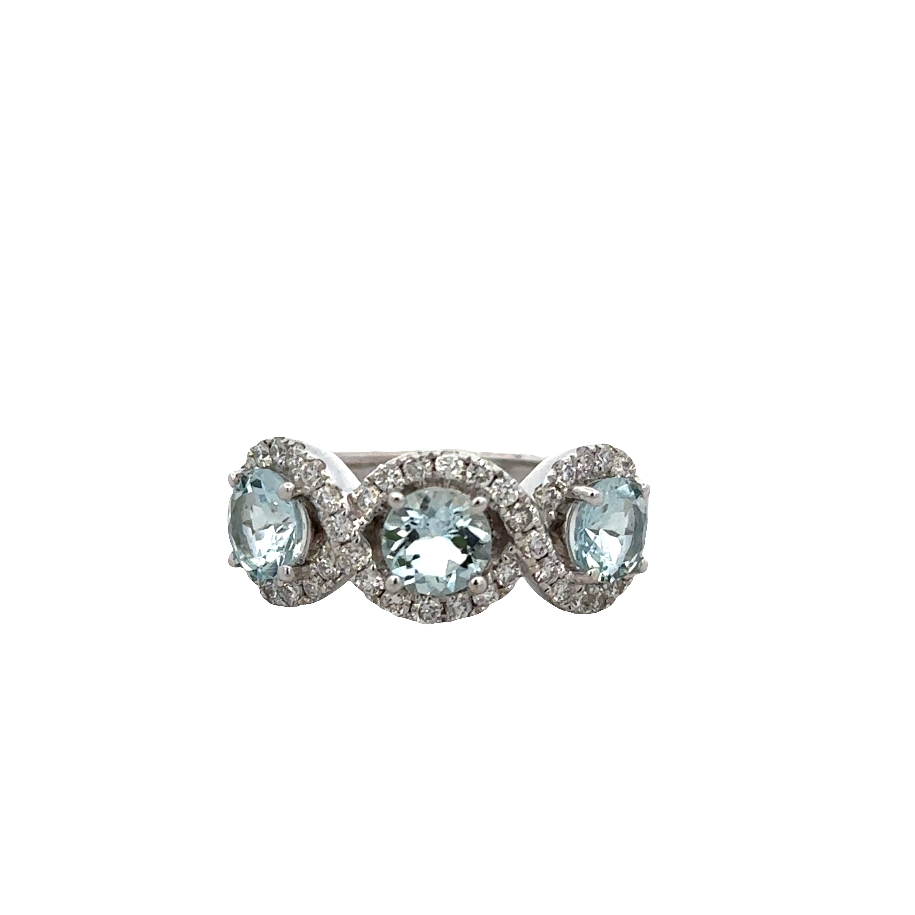 14k White Gold Aquamarine & Diamond Three-Stone Ring – Size 7
