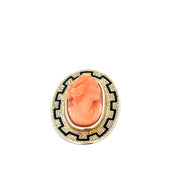 Vintage Enameled Coral Cameo Brooch / Pendant in Yellow Gold