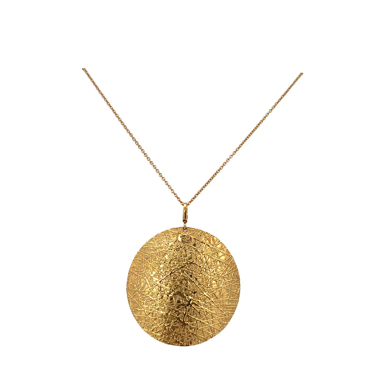 Large Textured Disc Pendant in Yellow Gold 24" Chain