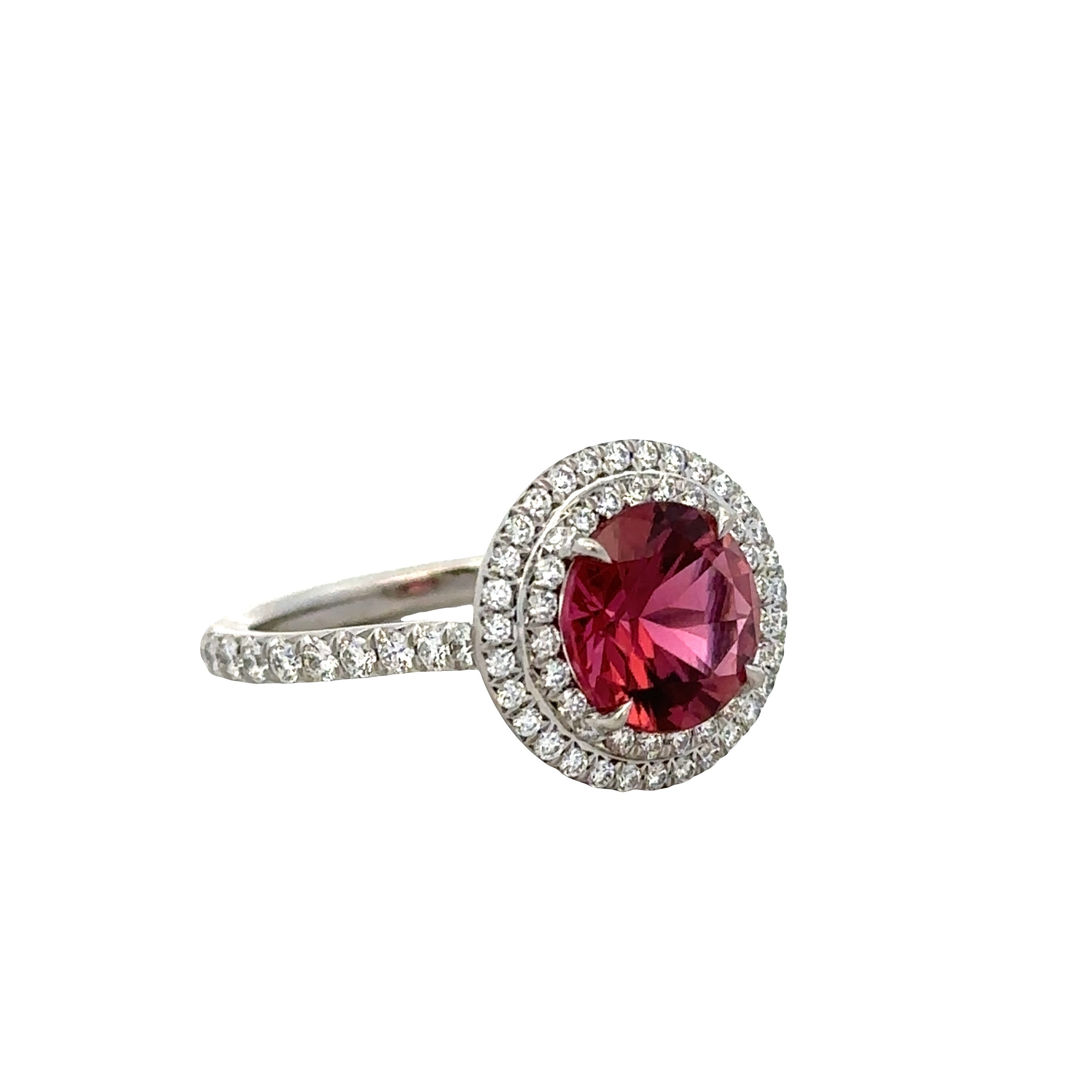 Estate Platinum Tiffany & Co. Soleste Ring with 2.0 Ct. Pink Tourmaline and Diamond Double Halo