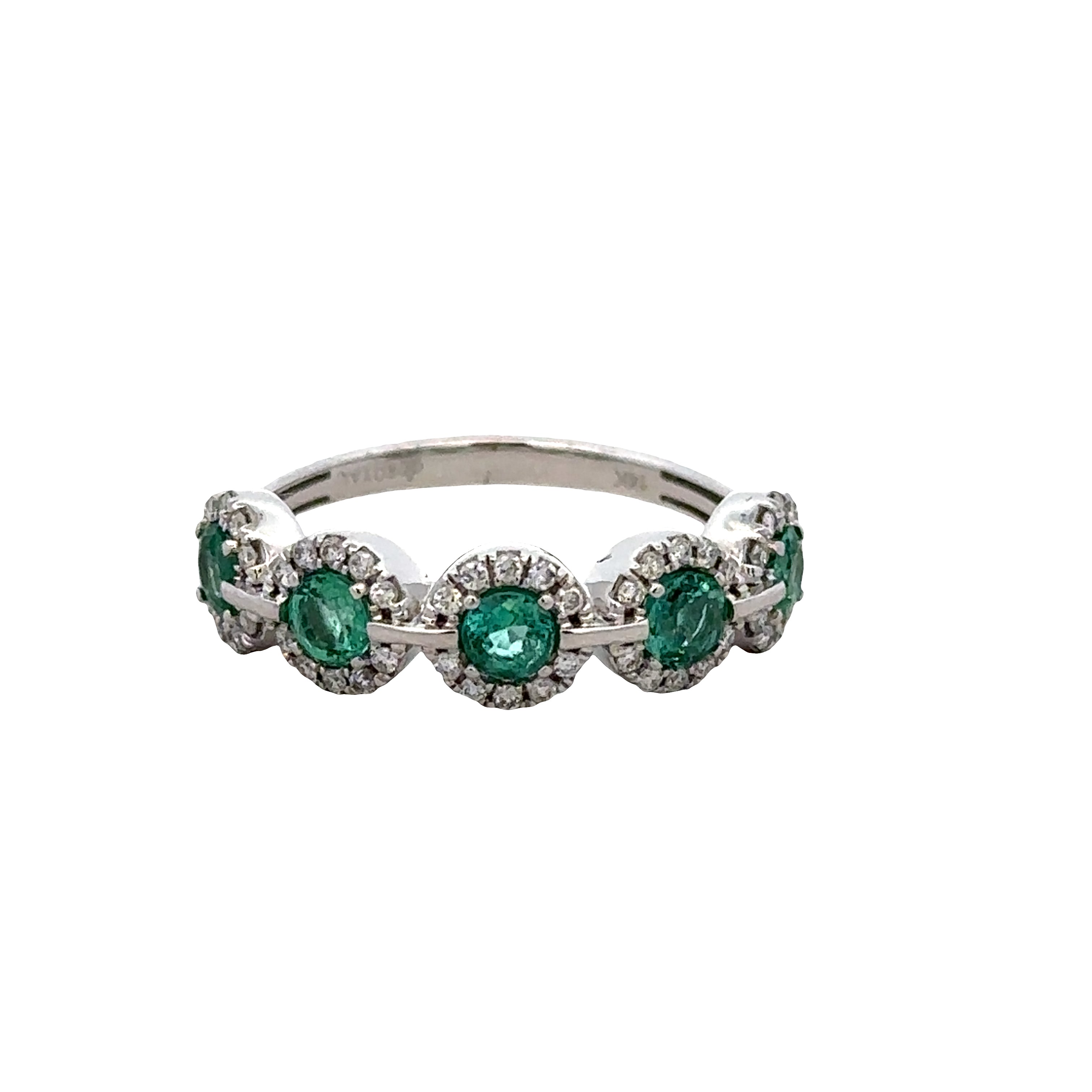 14k White Gold Emerald & Diamond Halo Band – Size 7