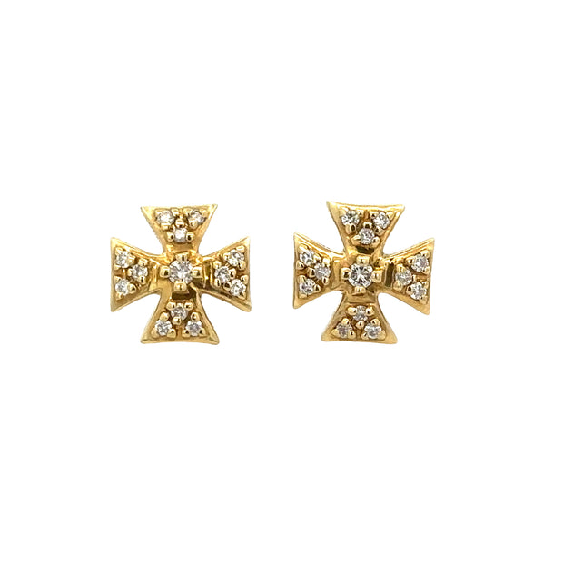 Diamond Accented Cross Stud Earrings in Yellow Gold