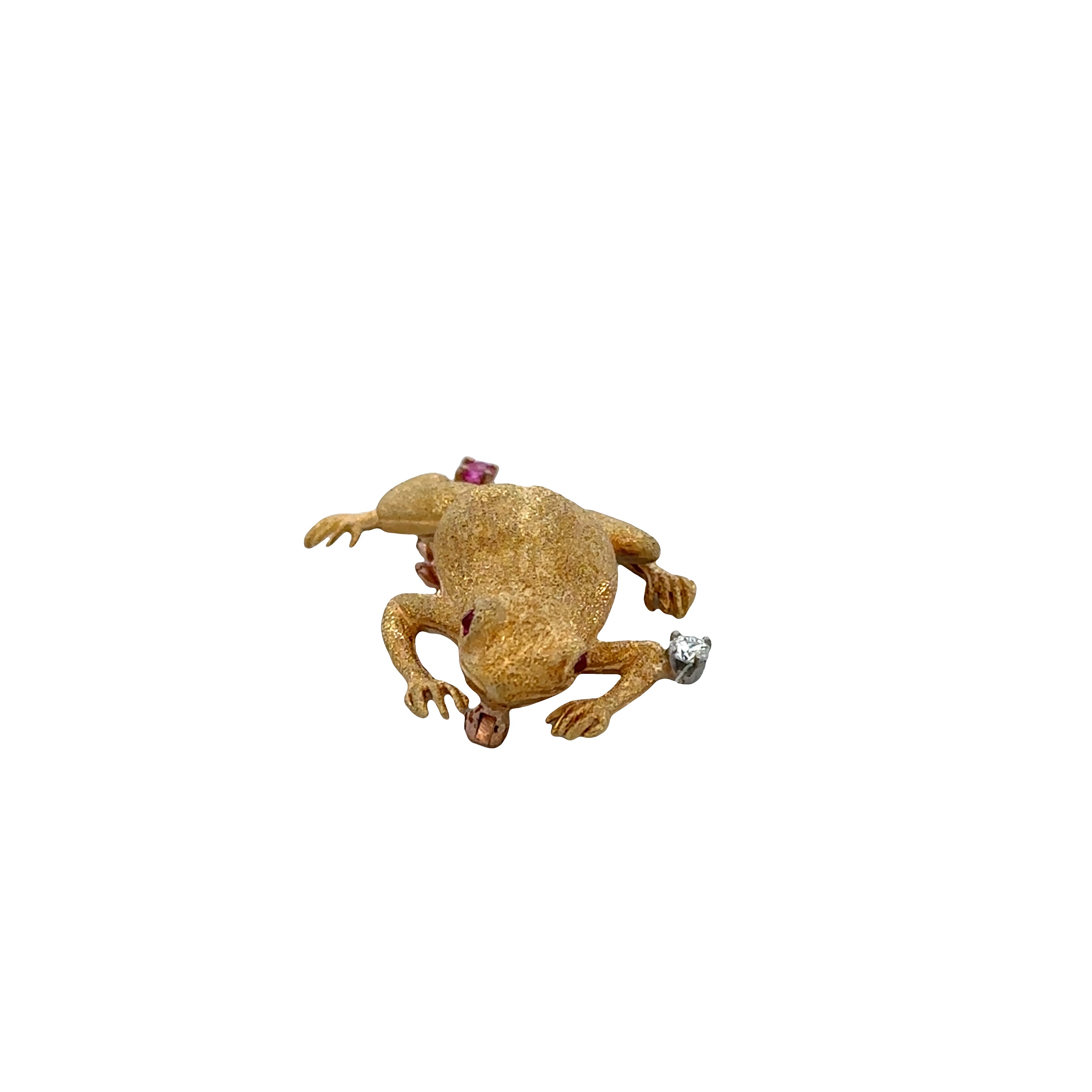 18k Yellow Gold Textured Frog Brooch with Ruby & Diamond Accents
