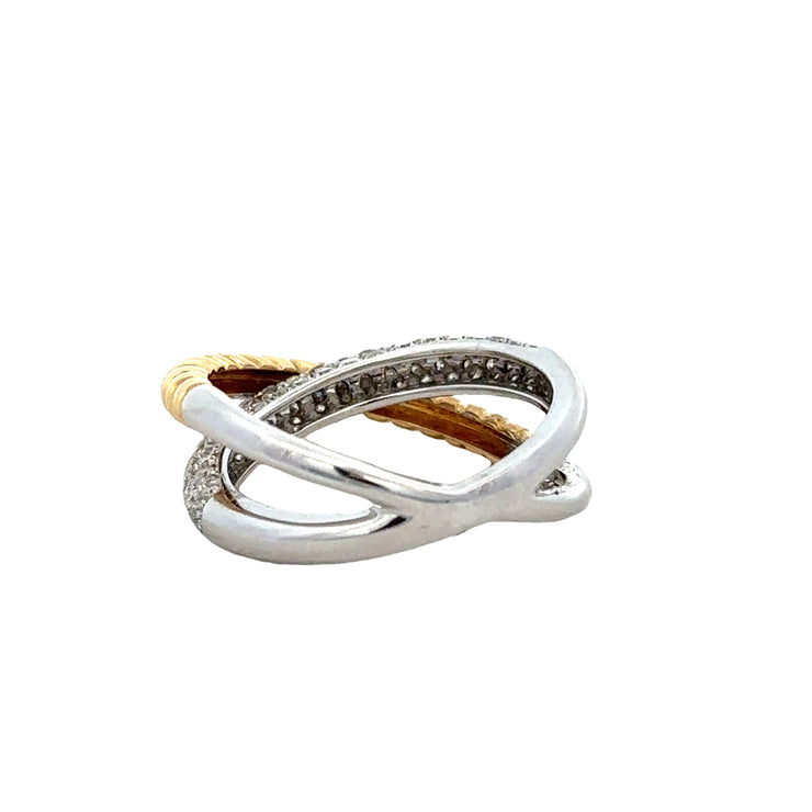 Rope Accented Diamond Criss Cross Ring in Two Tone Gold