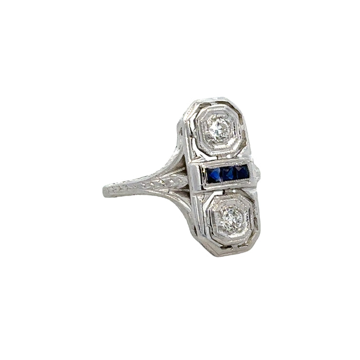 Vintage Art Deco Old European Cut Diamond and Sapphire Ring in 18k White Gold