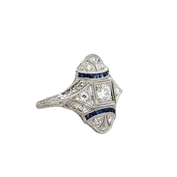 Antique Art Deco Diamond and Sapphire Cocktail Ring in Platinum