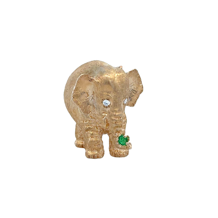 Emerald and Diamond Elephant Brooch in Yellow Gold