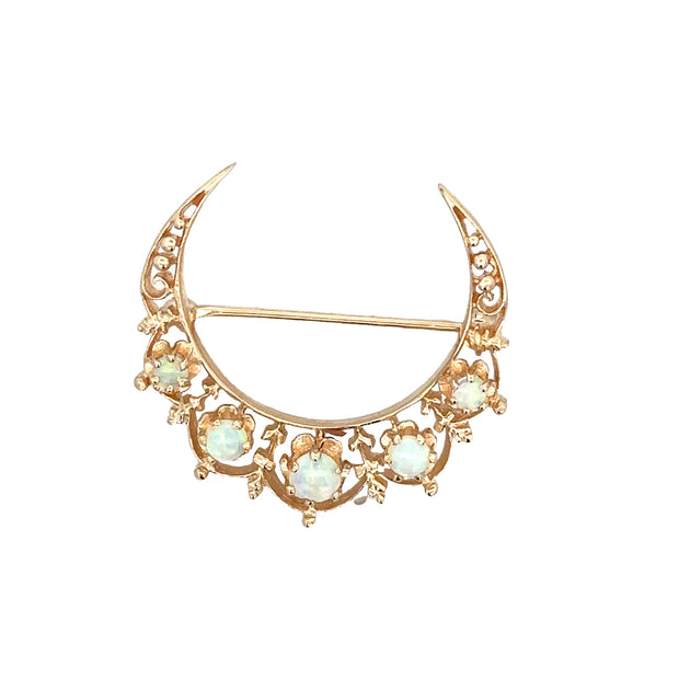 Vintage Mid-century Opal Crescent Brooch in Yellow Gold