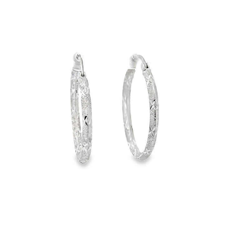 Textured Diamond Cut Hoop Earrings in White Gold