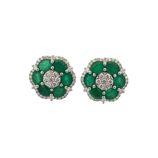 Emerald and Diamond Flower Earrings in White Gold