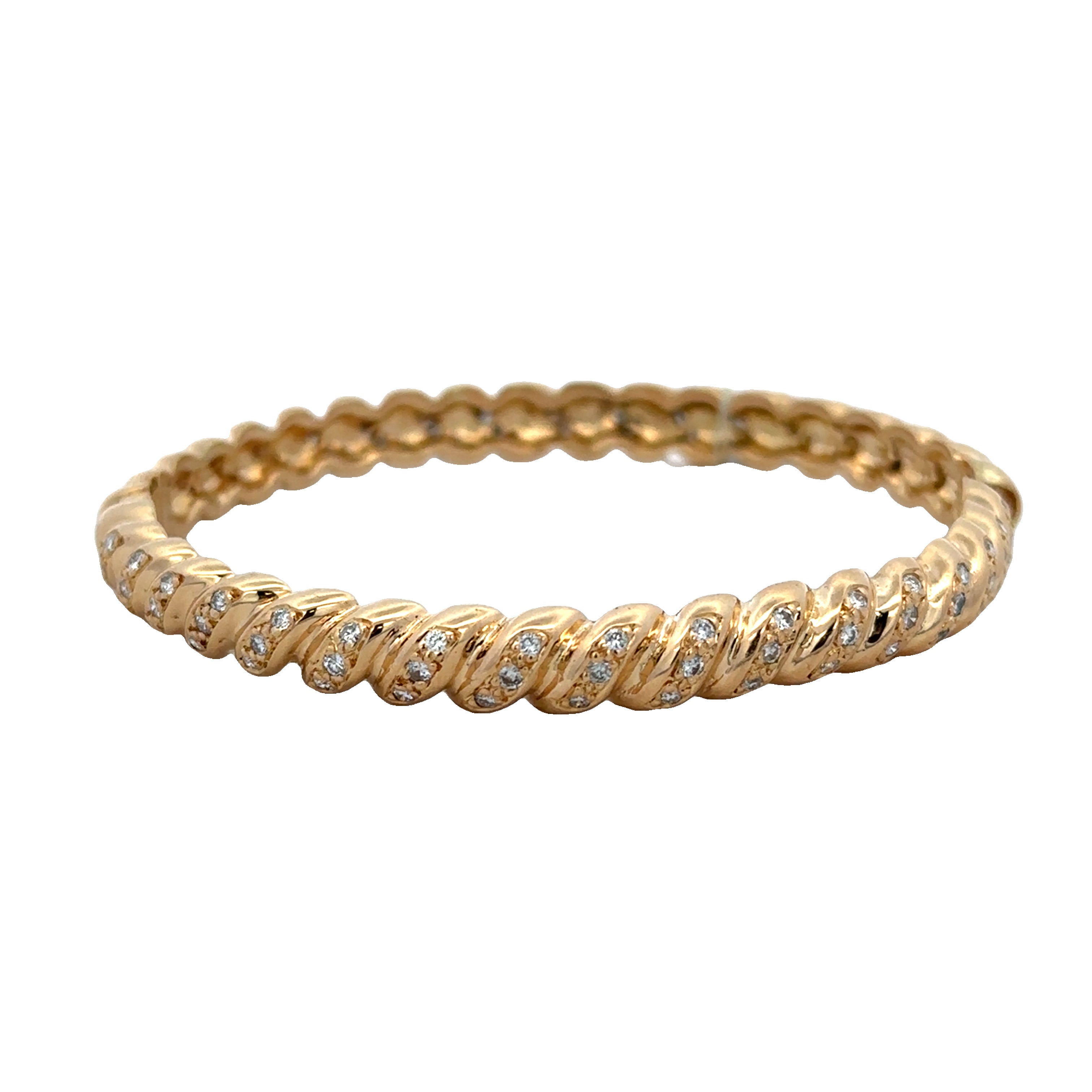 Hinged Textured Diamond Bangle Bracelet in 18k Yellow Gold