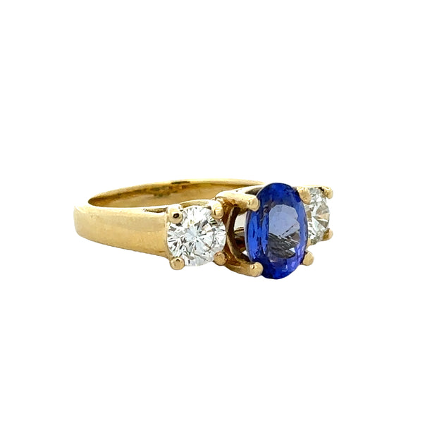 Tanzanite and Diamond Three Stone Ring in 18k Yellow Gold