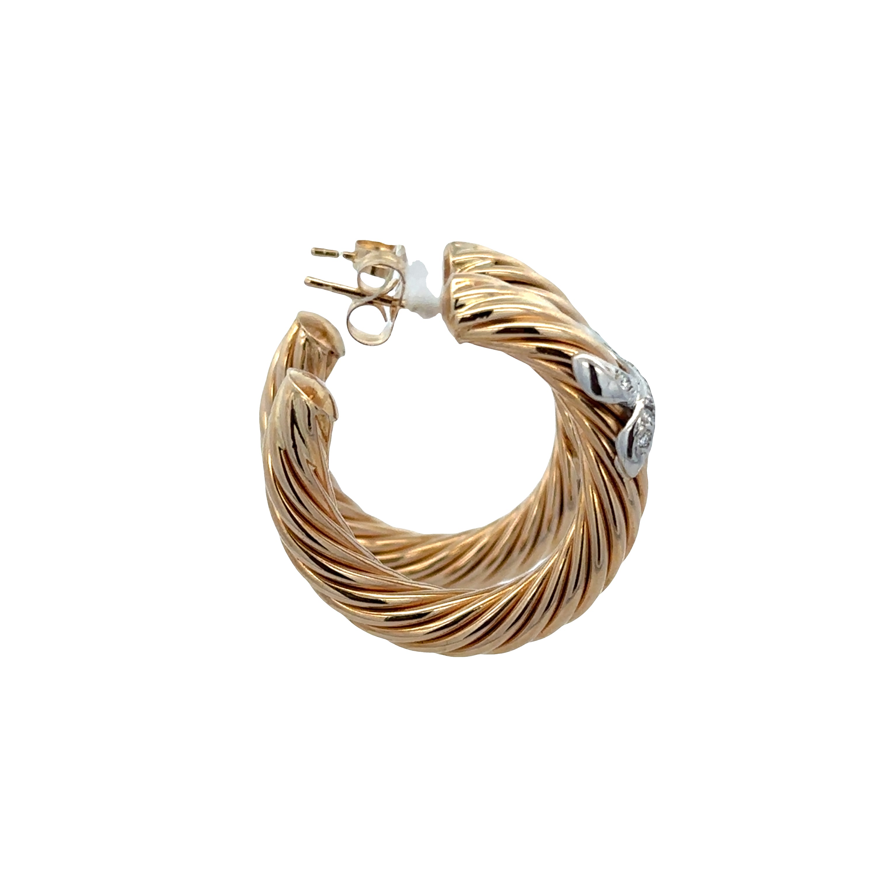 14k Yellow Gold Cable Style Hoop Earrings with Diamond Accented X Motifs