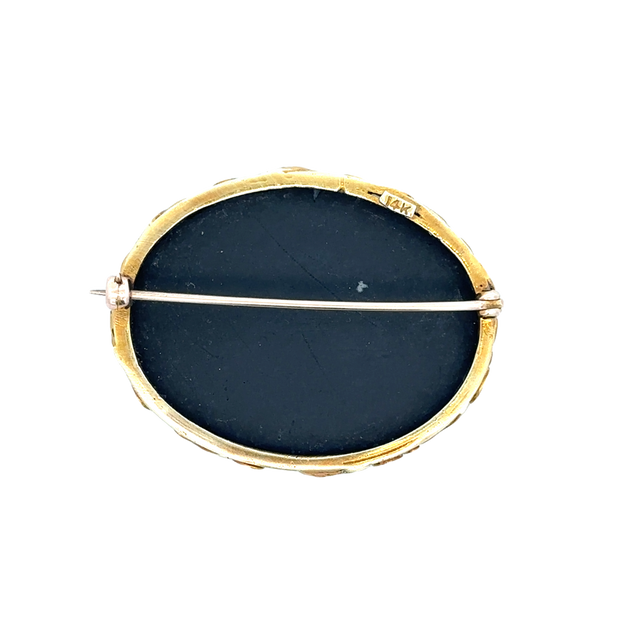 Antique Victorian Pietra Dura Inlaid Brooch in Yellow Gold