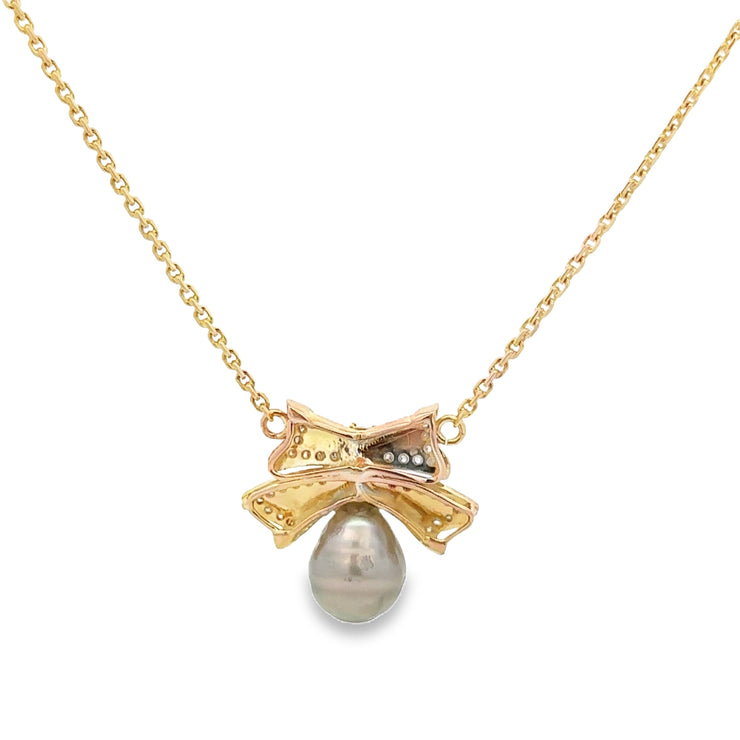 Vintage Baroque Cultured Pearl and Diamond Bow Necklace