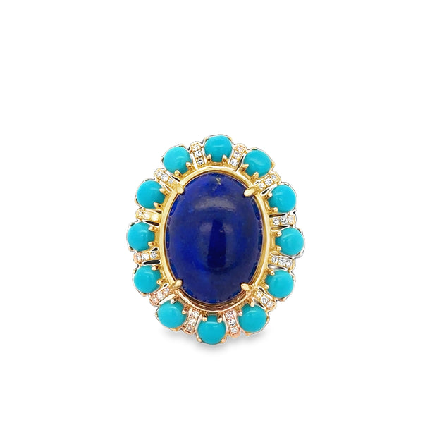 Statement Lapis and Turquoise Ring in Yellow Gold