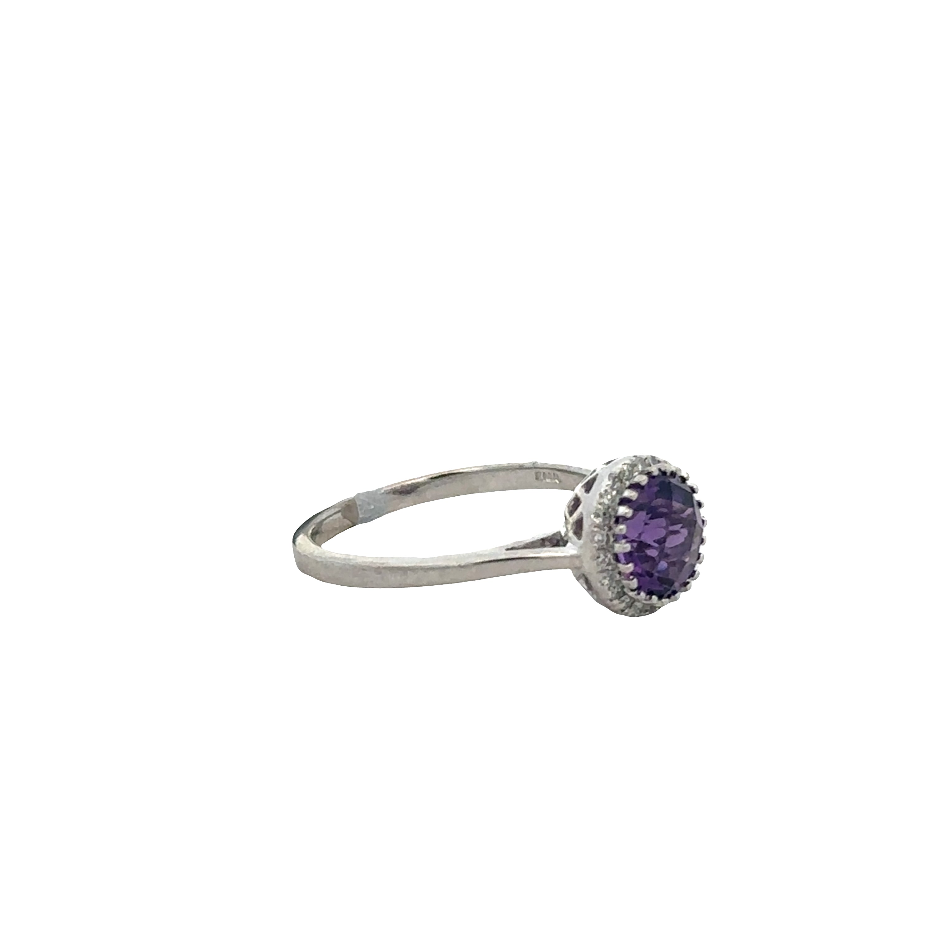 14k White Gold Amethyst & Diamond Halo Ring – Size 7