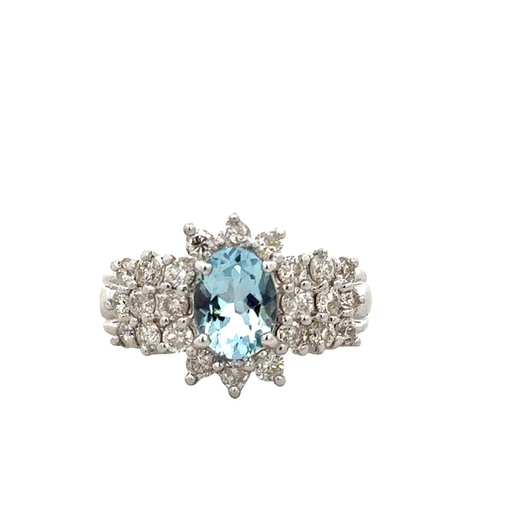 Aquamarine and Diamond Starburst Ring in 18K White Gold