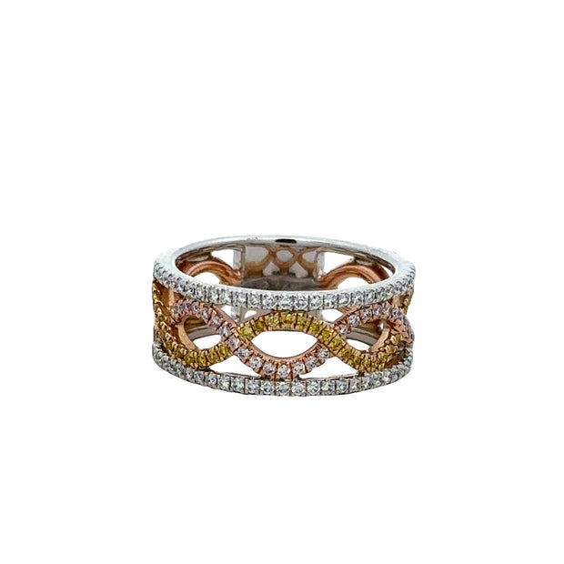 Openwork Pink, Yellow, and White Diamond Band in Tritone Gold