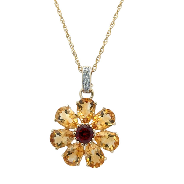 Citrine and Garnet Floral Pendant in Yellow Gold