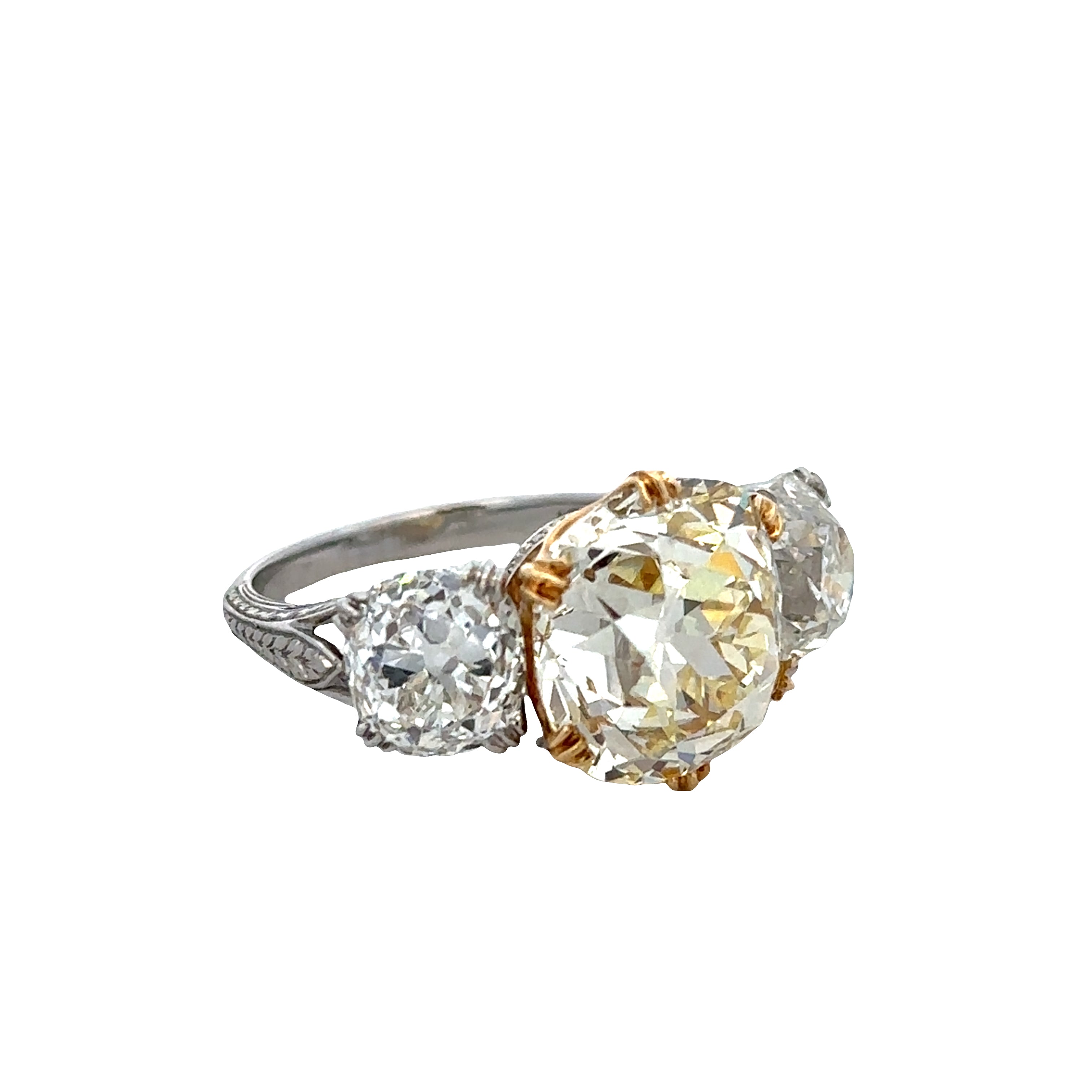 Stunning Antique Cushion Cut Diamond Ring in Platinum & 18k Yellow Gold  – Size 5.75