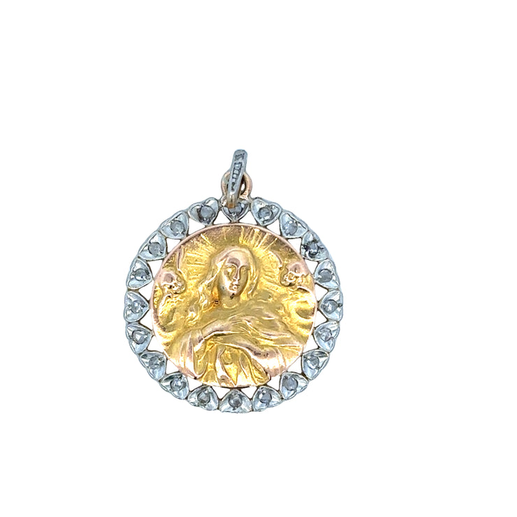 Yellow Gold and Platinum Virgin Mary Rose Cut Diamond Pendant